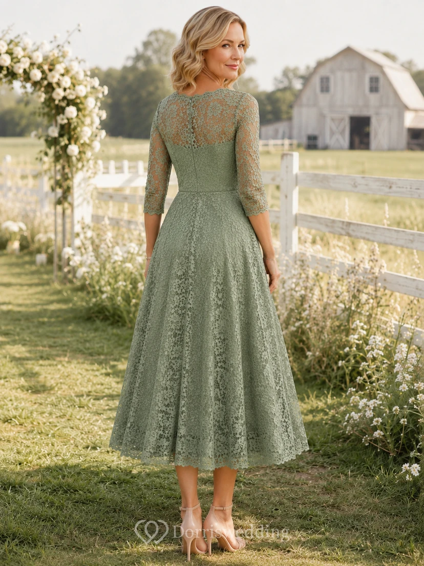 Salbeigrünes Vintage-Kleid im Landhausstil mit Muschelkanten, Dreiviertel-Ausschnitt, Illusionsspitze, A-Linie und Teelänge – perfekt für die Mutter des Bräutigams view 2