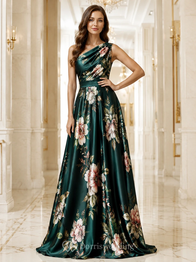 Dark Green Floral One Shoulder Satin A Line Formal Gown