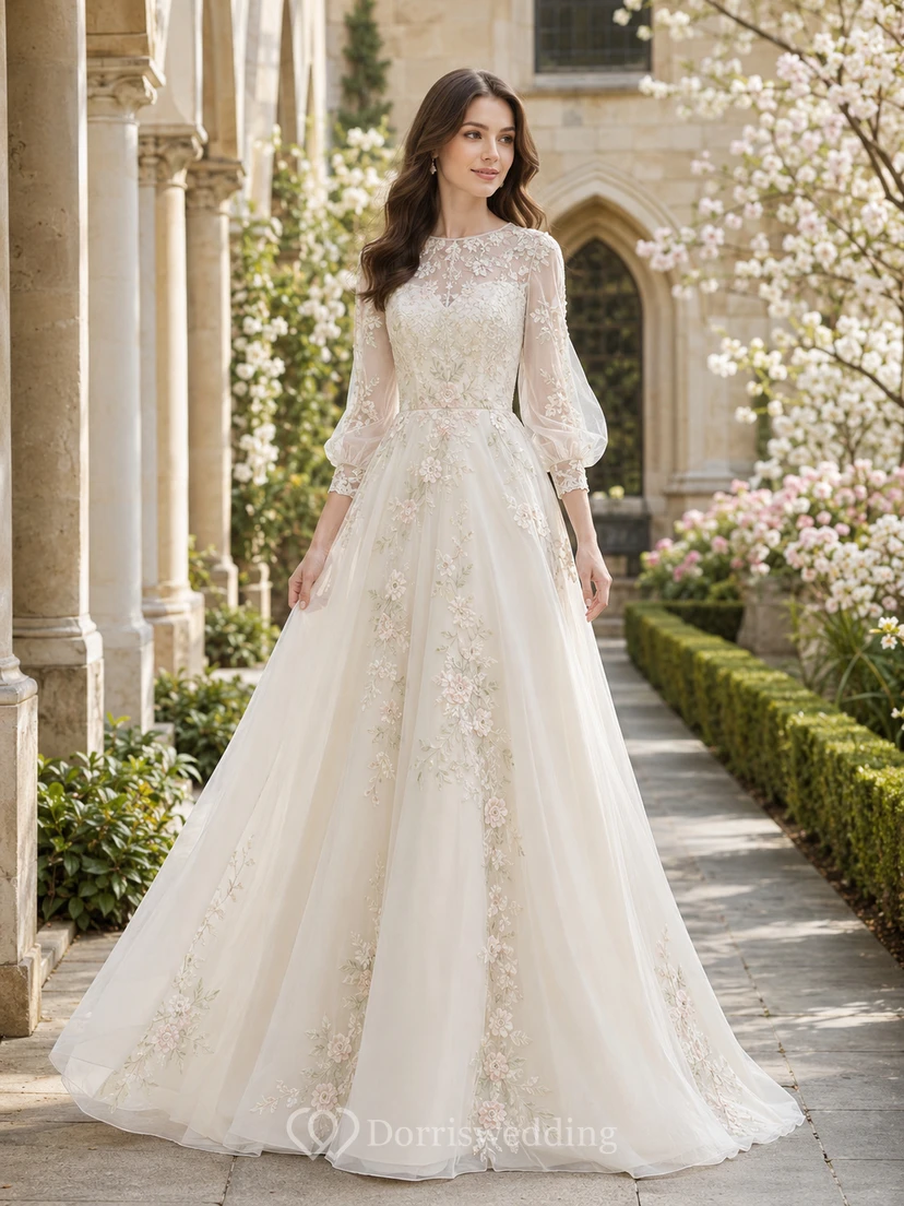 Spring Floral Long Sleeve High Neck A-Line Chapel Wedding Dress