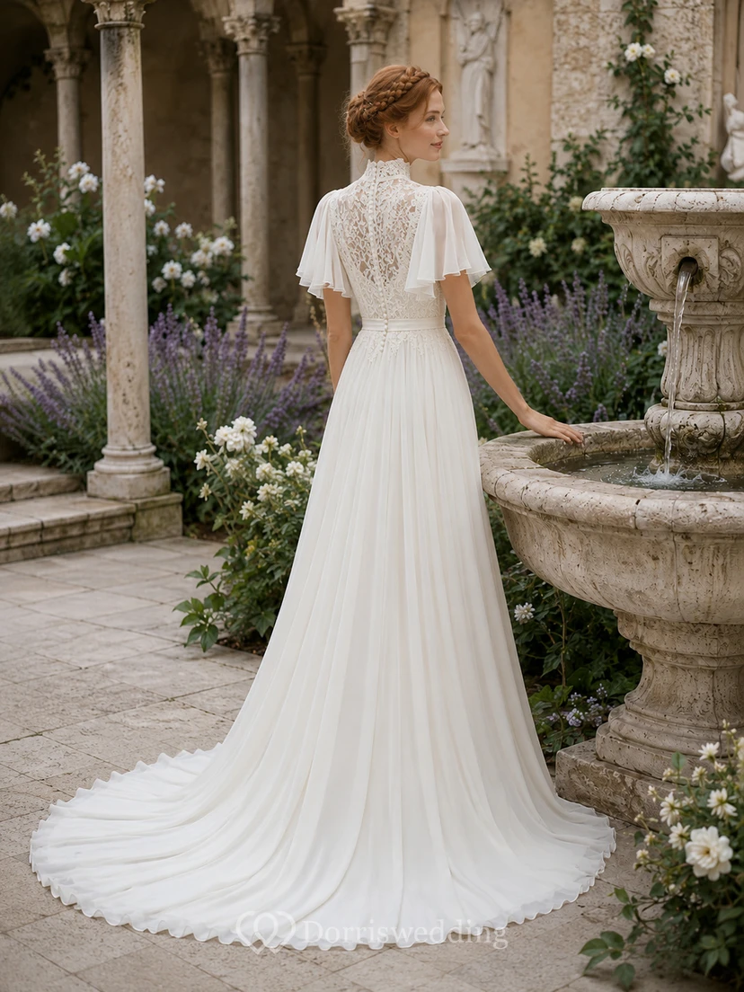 High Neck Flutter Sleeve Modest Chiffon Chapel Wedding Dress view 2