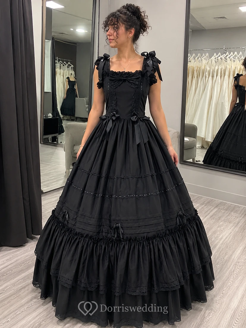 Vestido de novia de princesa, largo hasta el suelo, sin mangas, de corte cuadrado, con lazo, volantes y capas. view 4