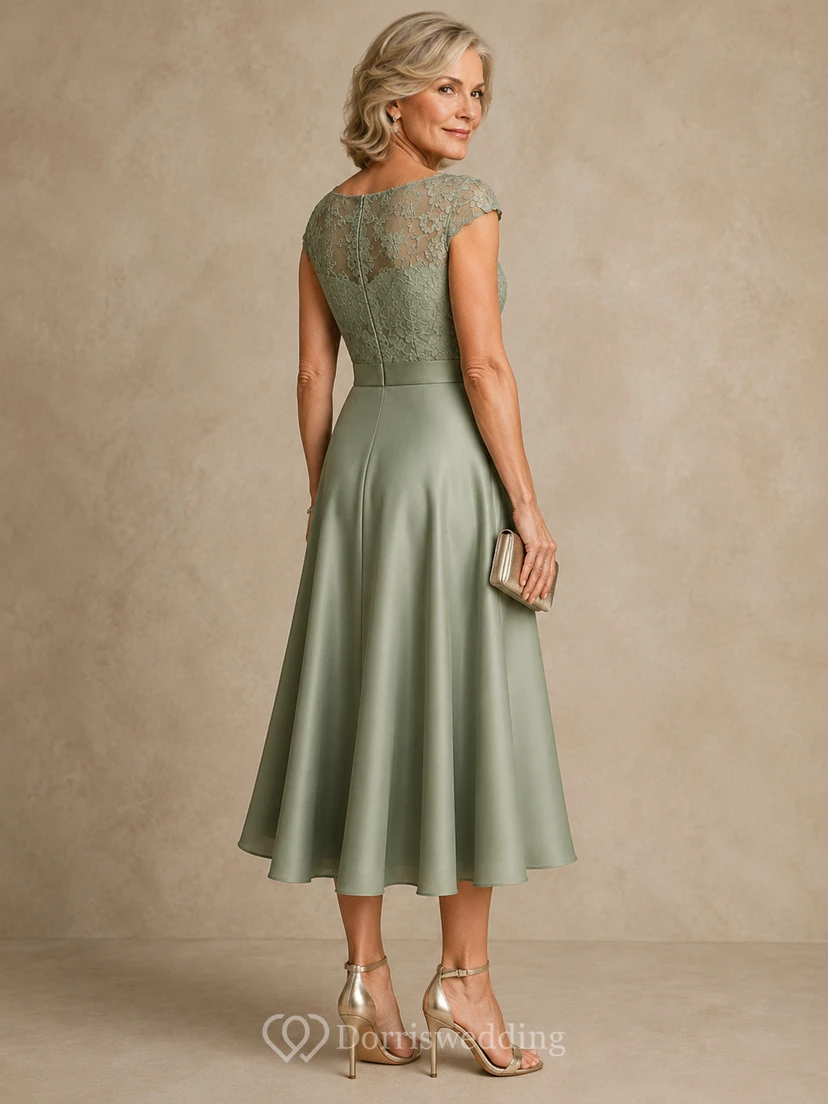 A-Line Tea-Length Bateau Short Sleeve Satin Mother Dress with Lace view 2