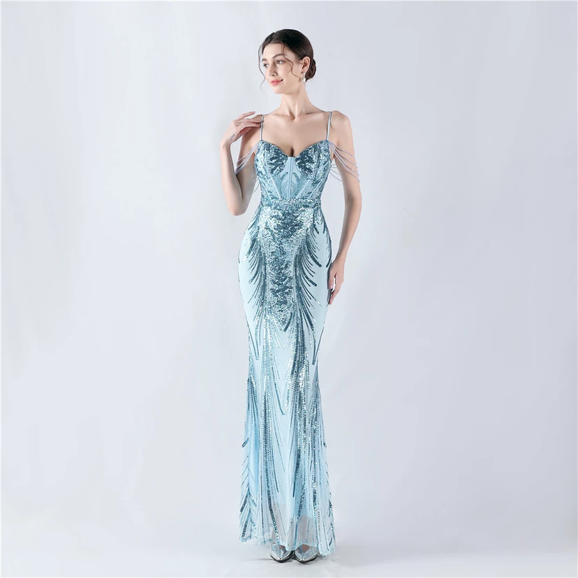 Waist-Reduced Fishbone Shaping Positioning Flower Sequined Anchor Sexy Beaded Suspender Evening Dress view 61