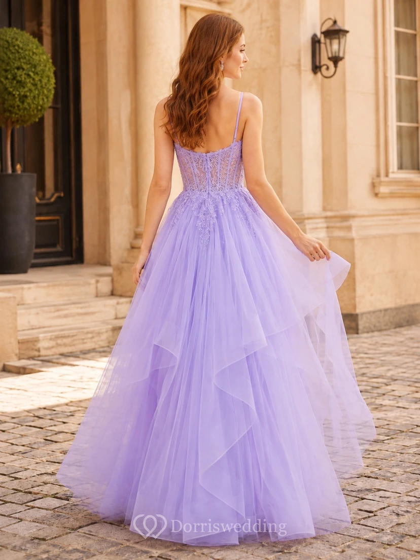 Lavender Sweetheart Straps Sleeveless Tiered Tulle Ball Gown view 2