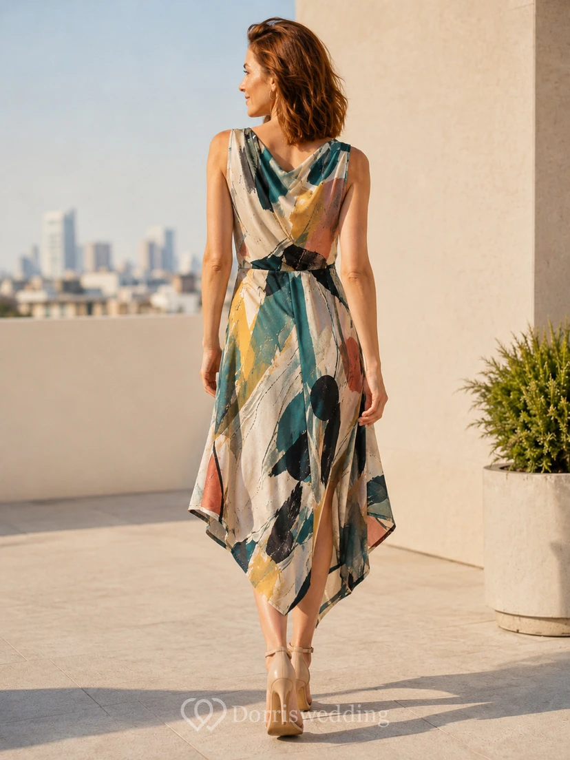 Vestido midi asimétrico de gasa sin mangas con estampado abstracto y bajo asimétrico para invitadas view 2