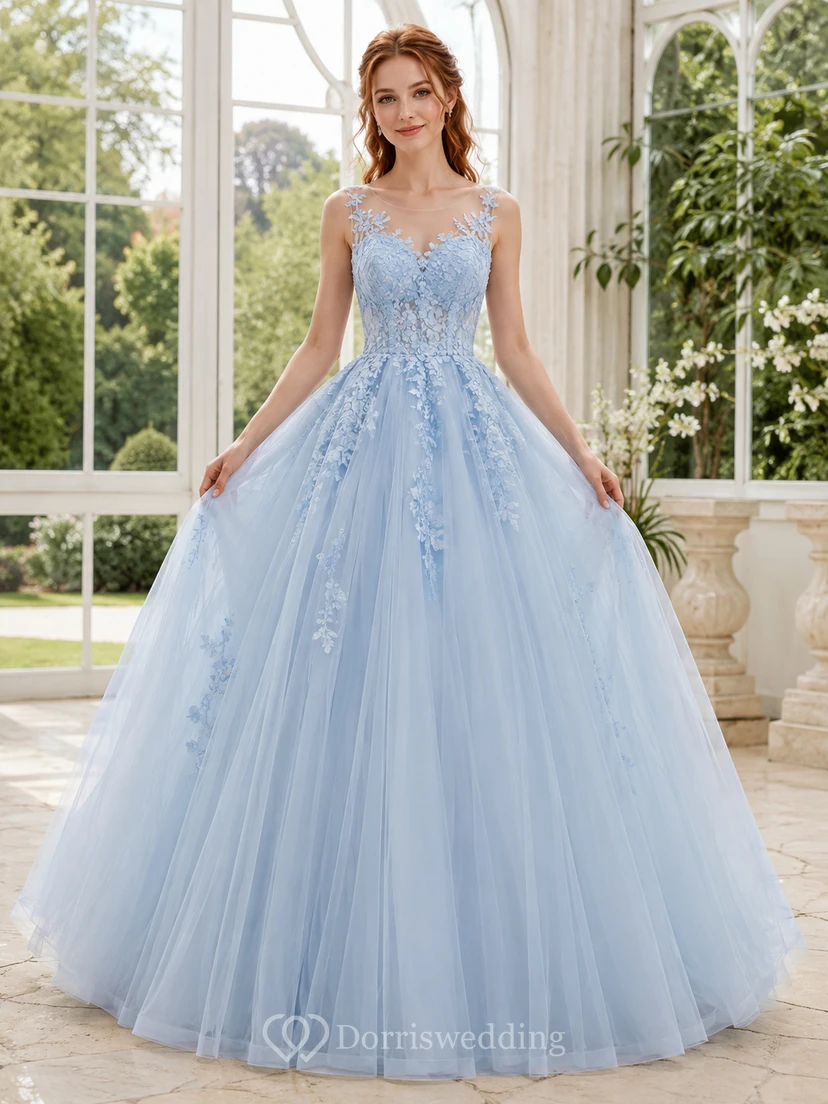 Sky Blue V-Neck Tulle Lace Ball Gown Formal Dress