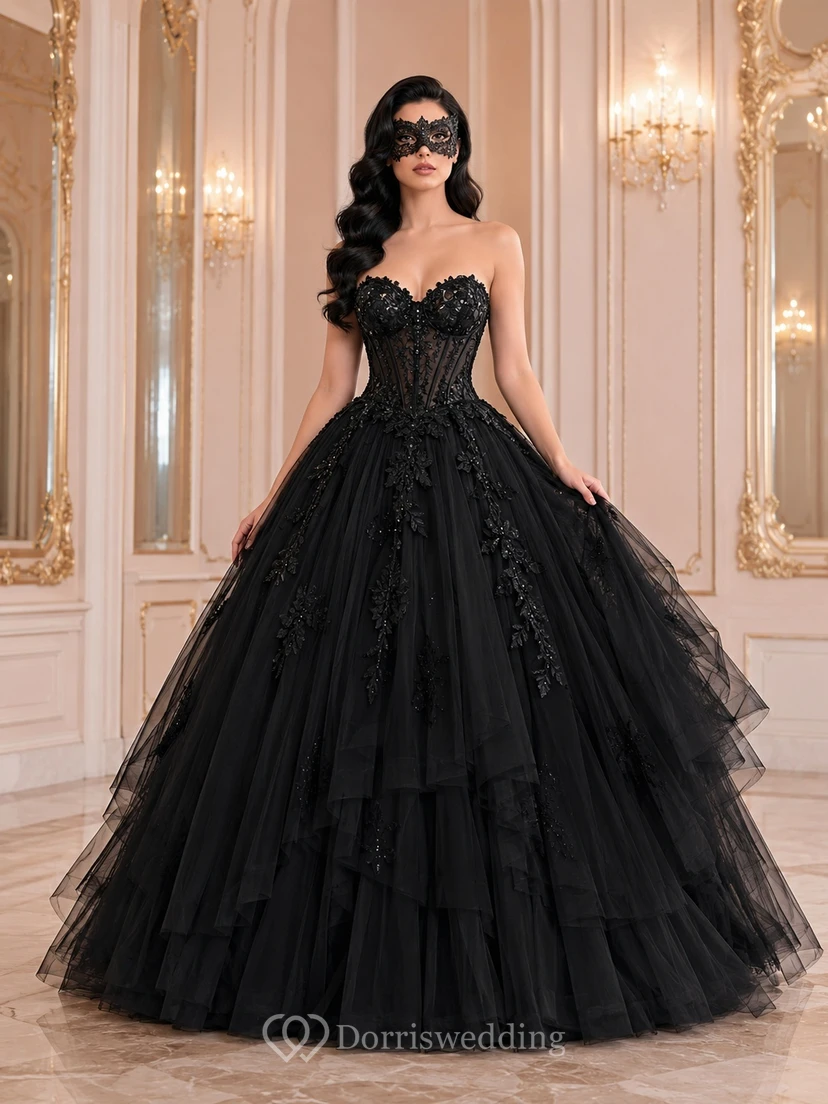 Black Luxury Strapless Sweetheart Beaded Lace Tiered Tulle Ball Gown Masquerade Dress