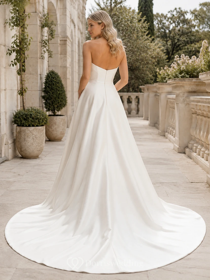 Minimalist Satin Wedding Dress A-Line Strapless Sweetheart Court Train Bridal Gown view 2