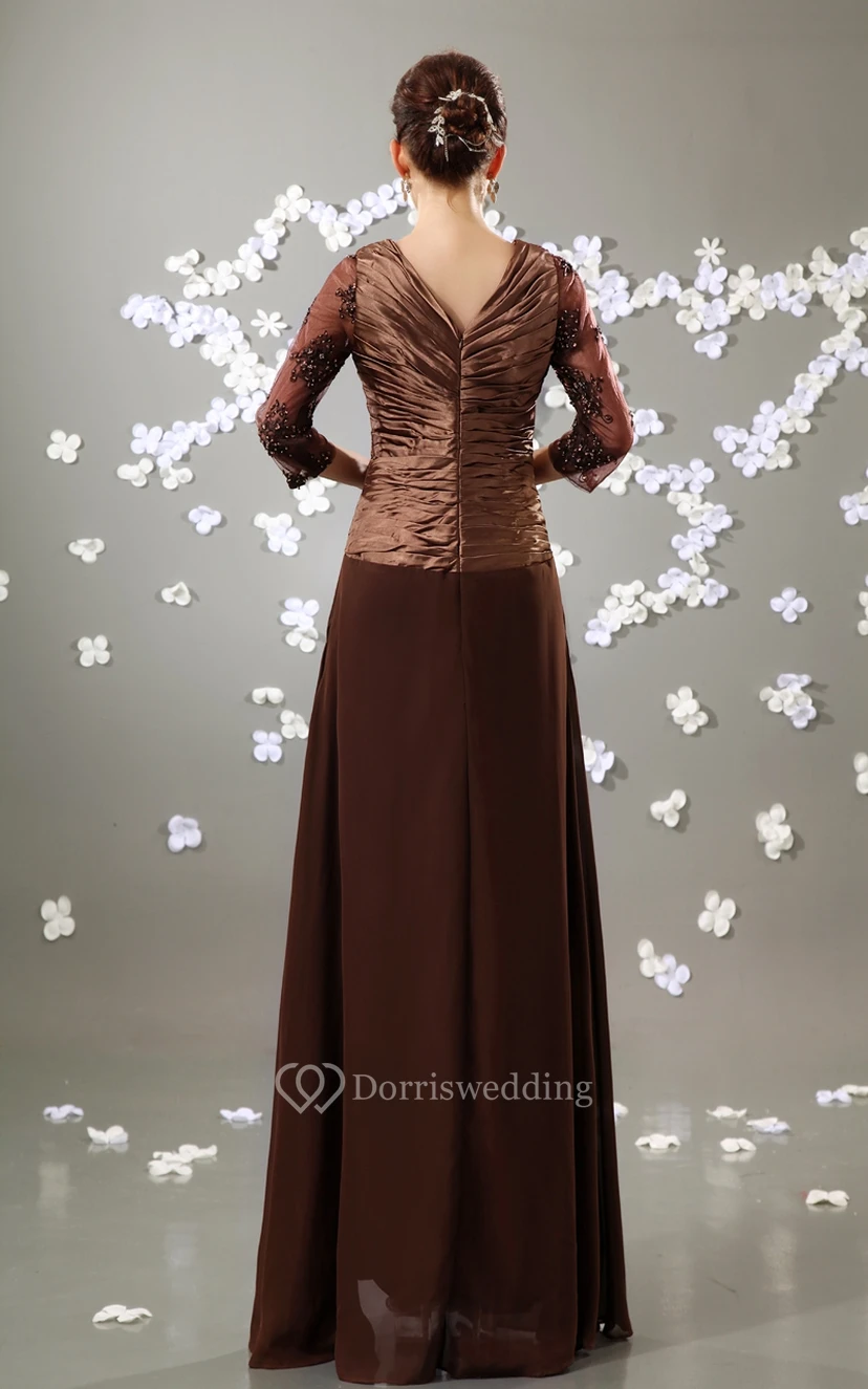 V-Neck 3-4 Sleeve Chiffon Floor-Length Dress With Ruched Top view 2