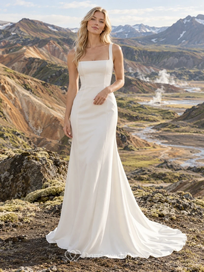 Vestido de novia de crepé de corte recto, sin mangas, con espalda de satén y escote cuadrado, de líneas depuradas.
