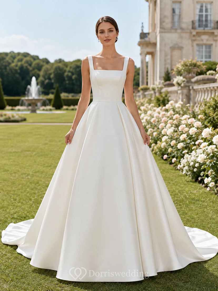 Robe de mariée de plage en satin et mousseline, robe de bal, col carré, sans manches, traîne.