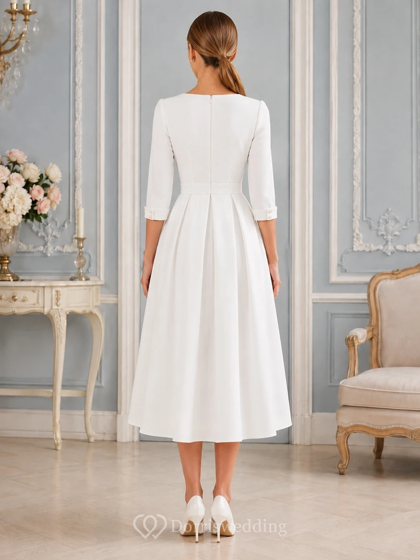 Weißes, schlichtes, teelanges A-Linien-Kleid mit eckigem Ausschnitt und Dreiviertelärmeln view 2