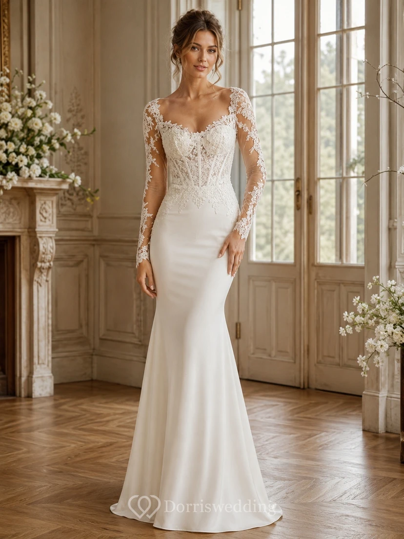 Langärmeliges Brautkleid aus Satin mit Korsett-Oberteil, Herzausschnitt und Meerjungfrauen-Schnitt, bodenlang