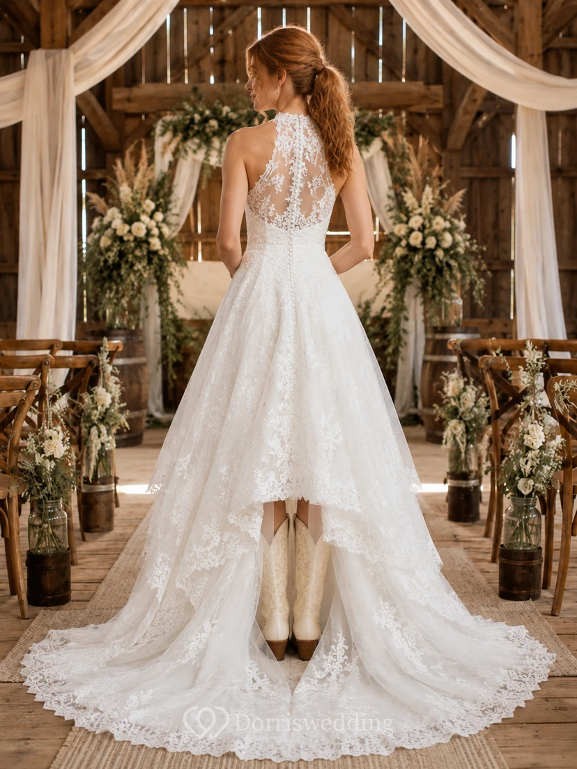 Robe de mariée style western à col montant en dentelle asymétrique view 2