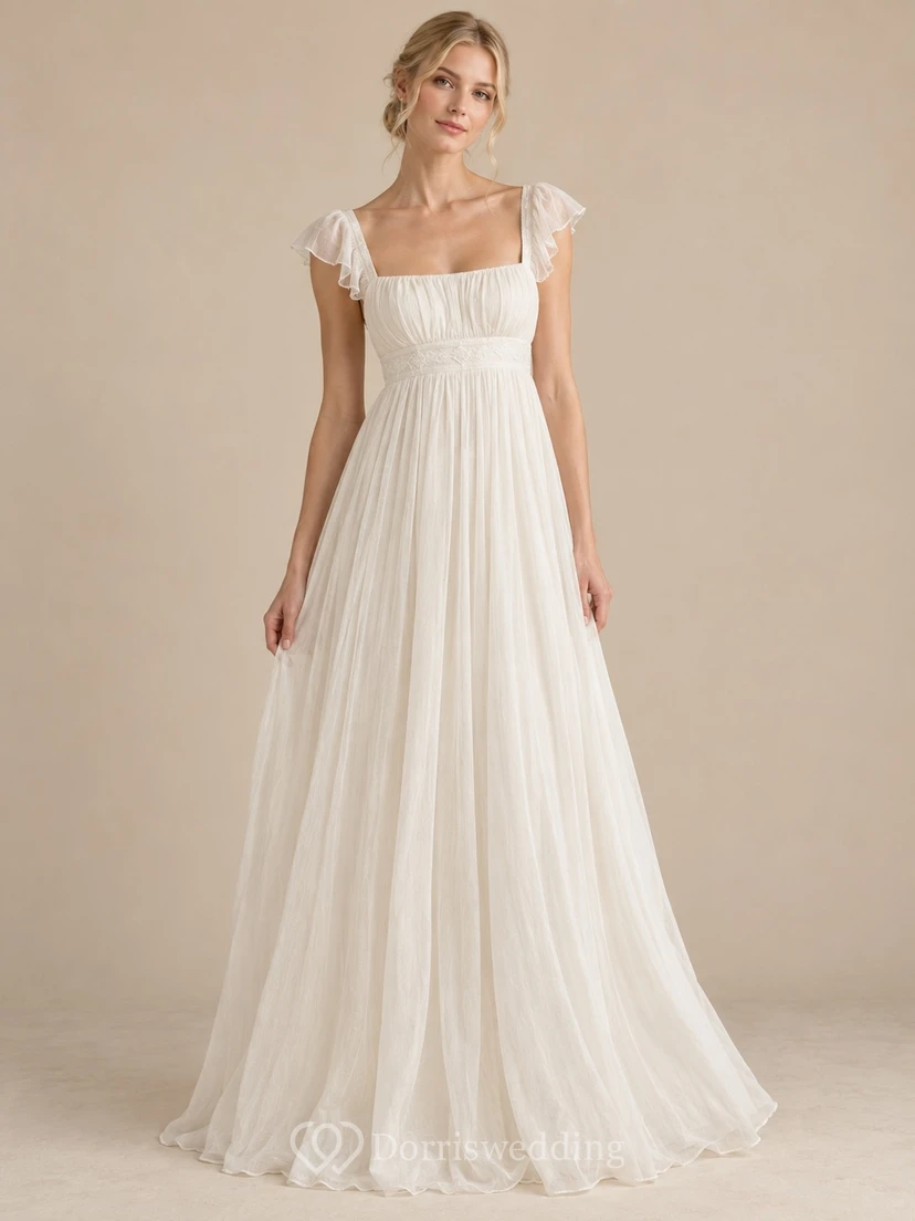 Vestido de novia sencillo de manga larga hasta el suelo, sin mangas, de gasa de algodón fruncida, con escote cuadrado y corte imperio.