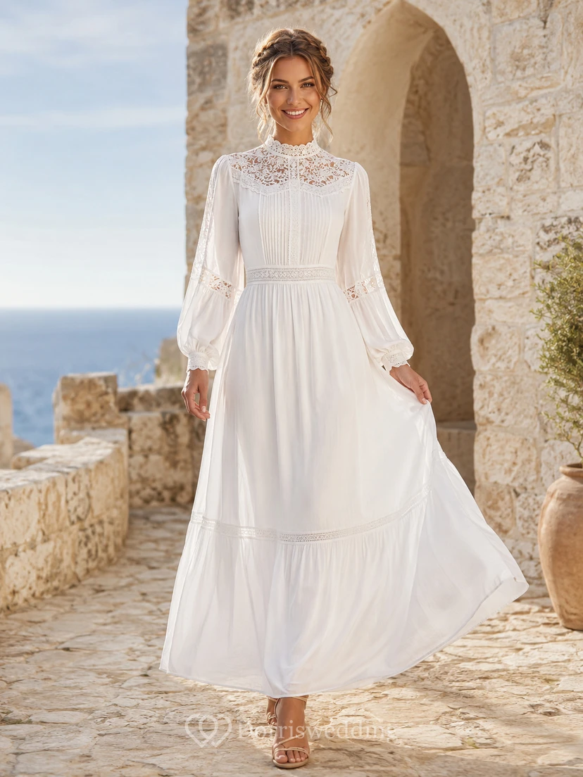 Robe de mariée bohème de plage à col montant en dentelle, manches cloche, mousseline plissée et col montant