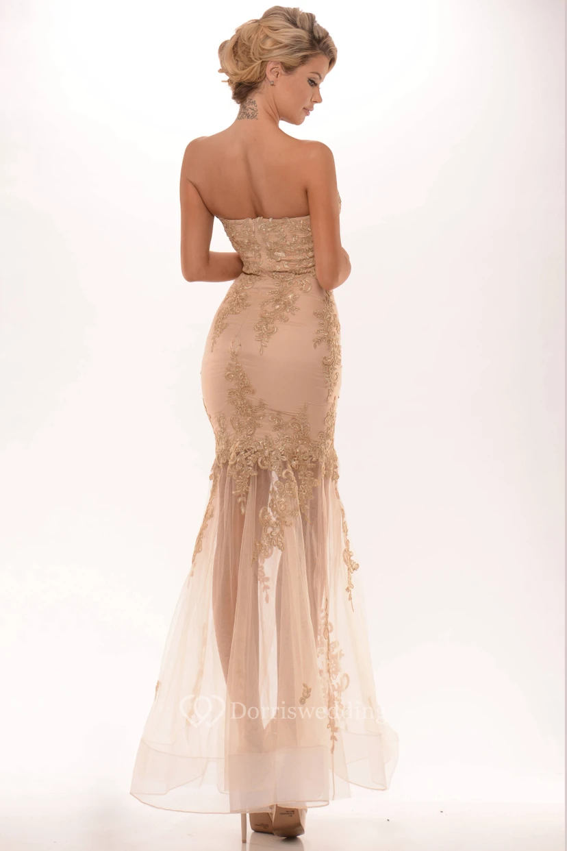 Robe de bal sirène sans manches, décolleté en cœur, ornée d'appliqués et arrivant à la cheville, fermeture éclair au dos et perles view 2