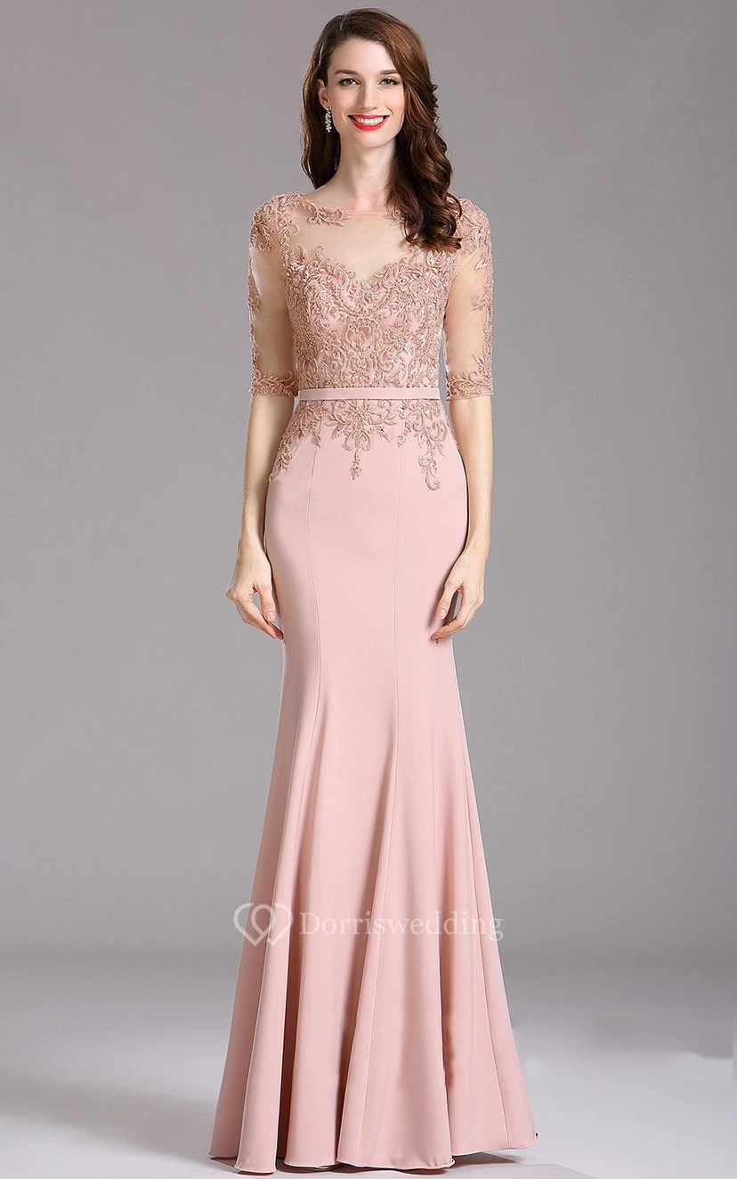 Sheath Bateau Half Sleeve Jersey Appliques Illusion Dress