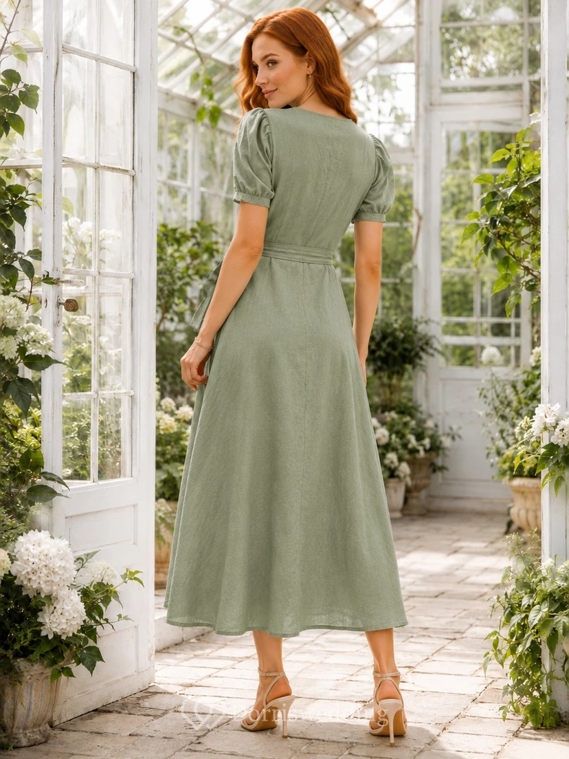 Sage Linen V-neck Short Sleeve A-Line High-low Wrap Casual Country Garden Drape Dress view 2