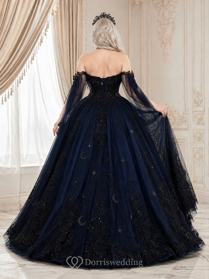 Plus Size Dark Navy Off-Shoulder Applique Tulle Gothic Ball Gown Floor-Length Dress view 2
