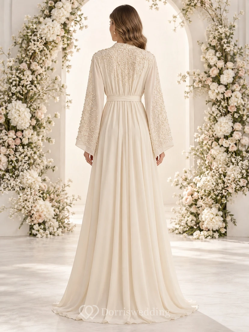 Modest Long Sleeve Ivory Embroidered Belted Flowing Engagement Abaya Dress view 2
