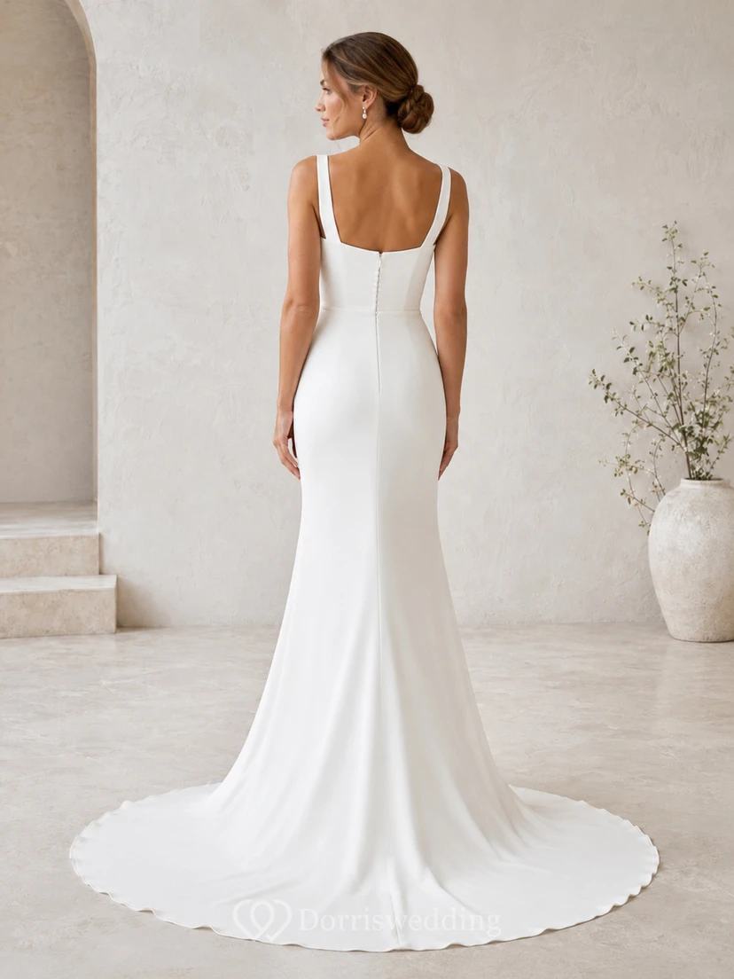 Minimalist Satin Wedding Dress Mermaid Square Neck Sleeveless Court Train Bridal Gown view 2