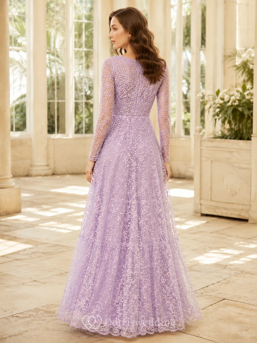 Lavender Lace Long Sleeve Sheath Floor-Length Evening Dress view 2