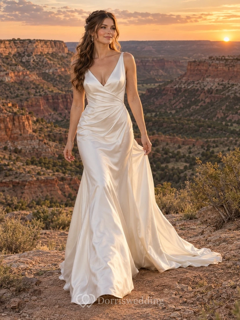 Vestido de novia sencillo de sirena con escote en V, sin mangas, drapeado, de charmeuse y cola corta.