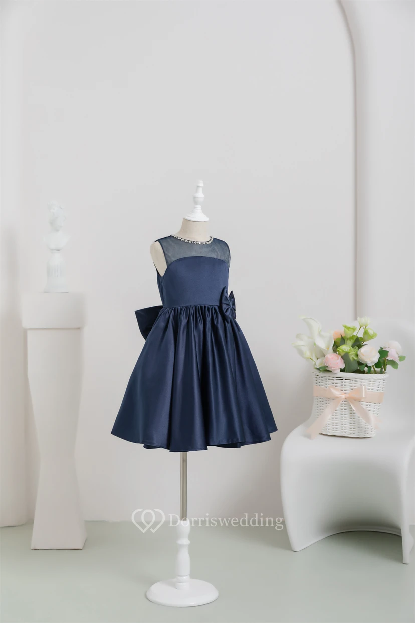 Jewel Satin Short A-line Bowed Dark Navy Flowergirl Dress view 3