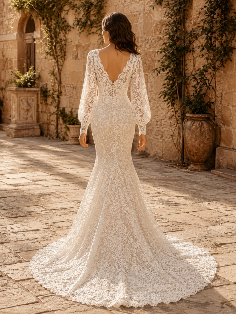 Robe de mariée modeste en dentelle et tulle, coupe sirène, col rond, manches longues et traîne chapelle. view 2