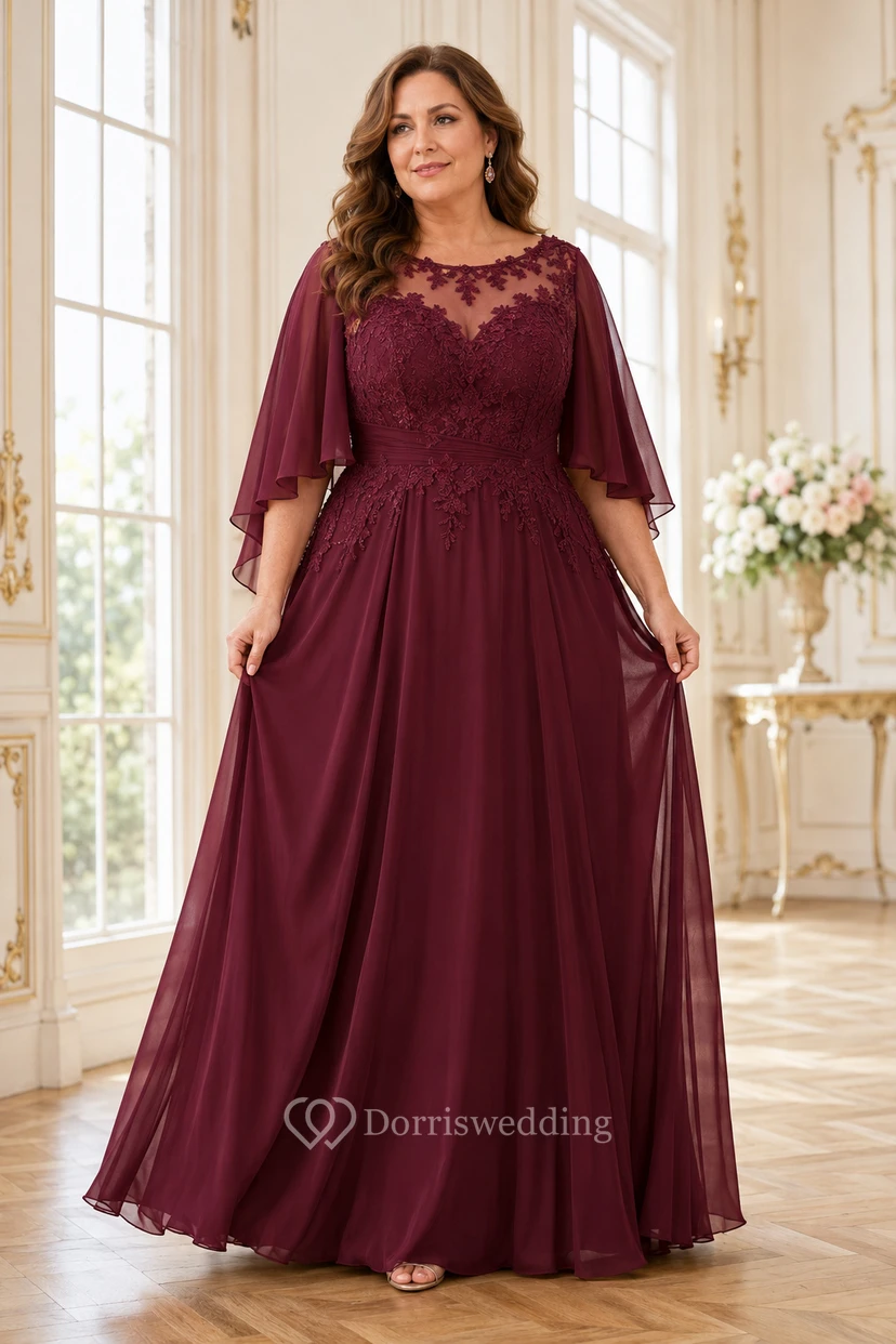 MOB-Kleid aus burgunderfarbenem Chiffon mit Spitze, A-Linie, kurzen Ärmeln, U-Boot-Ausschnitt, bodenlang, Cape-Ärmeln