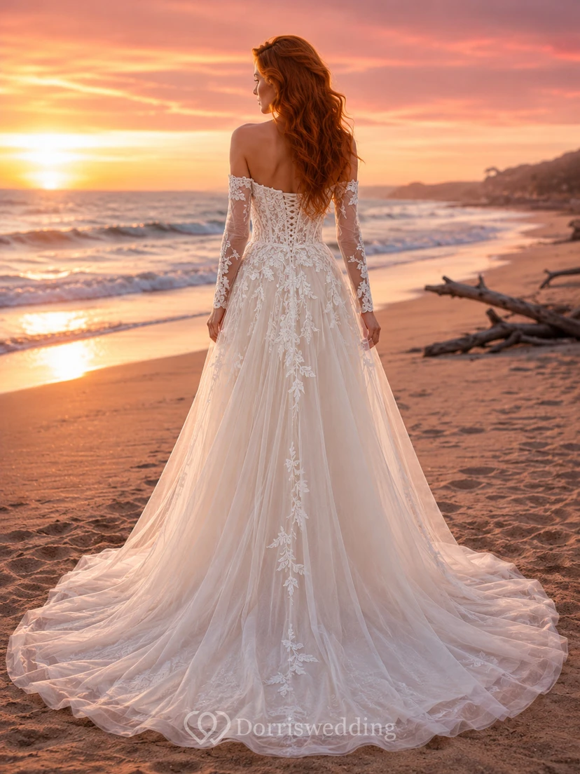 Beach Off Shoulder Lace Sleeve Applique A-Line Wedding Dress view 2