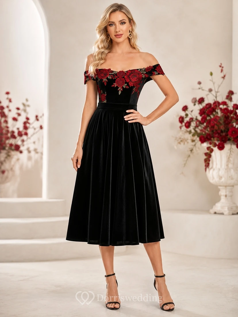 Black Red Floral Lace Off-the-shoulder Short Sleeve Tea-length A-Line Cocktail Dress