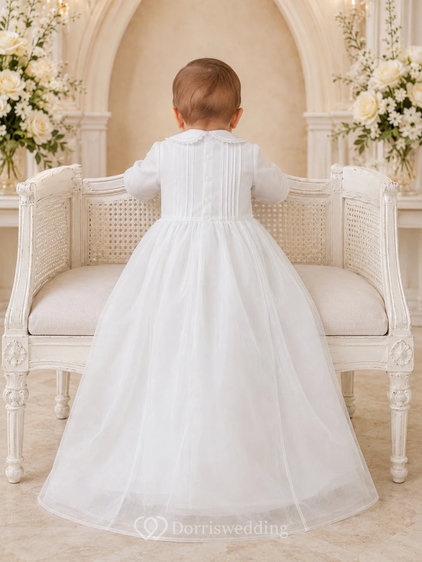 Cross Embroidered Baptism Gown A-Line Tulle Satin High Neck Long Sleeve