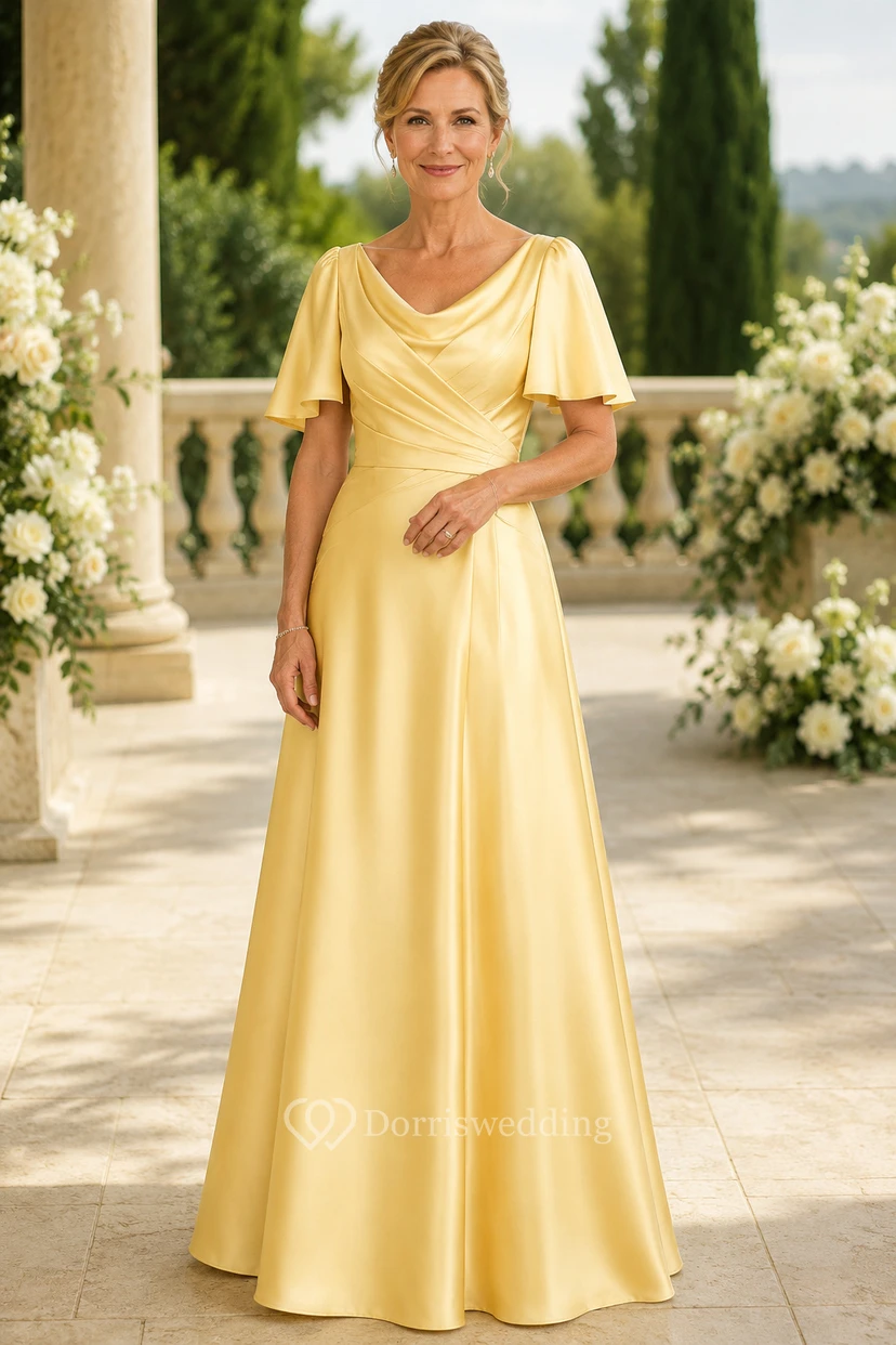 MOB-Kleid, Narzissengelb, Satin, A-Linie, Volantärmel, V-Ausschnitt, bodenlang, gerafft