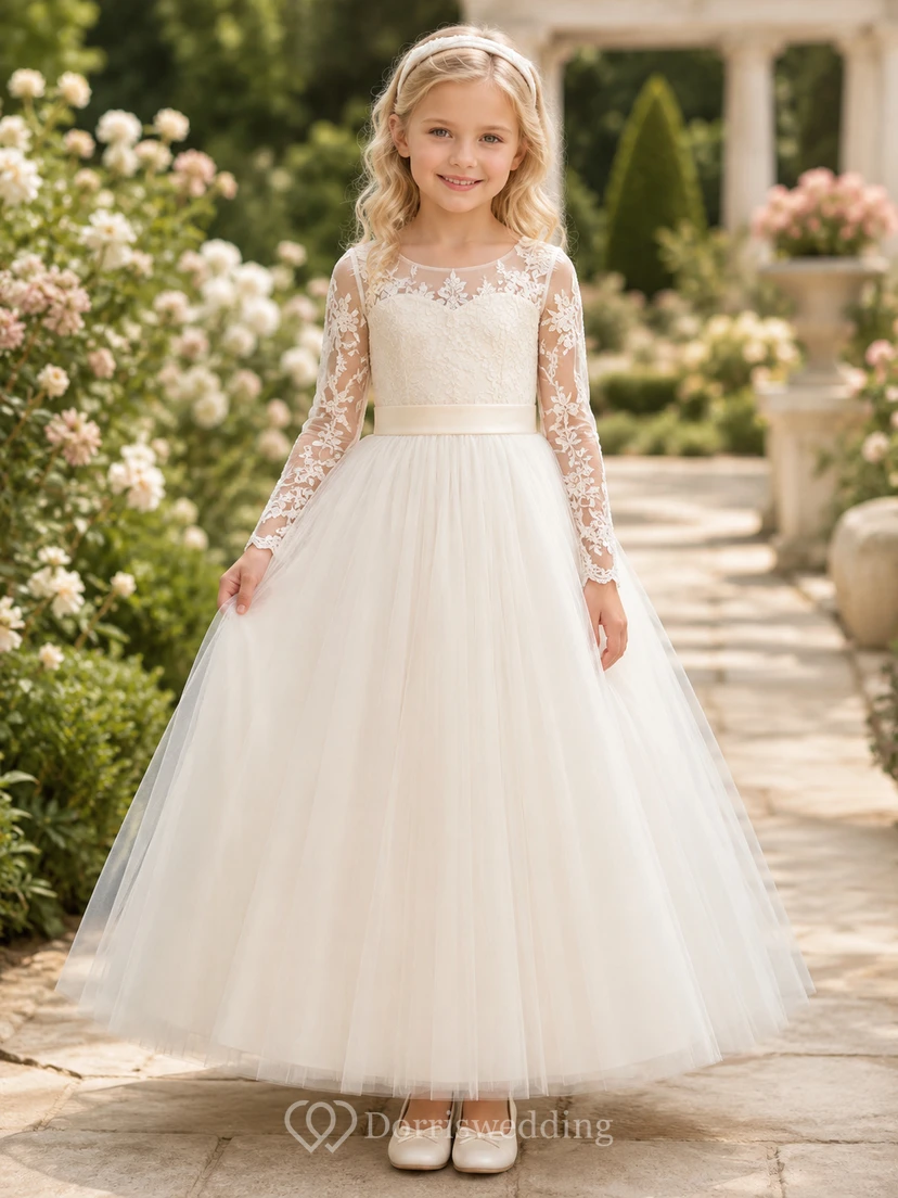 Bodenlanges Tüllkleid mit Spitzenoberteil, A-Linien-Schnitt, kurzen Ärmeln, Rundhalsausschnitt und bodenlangem Rock für Blumenmädchen.