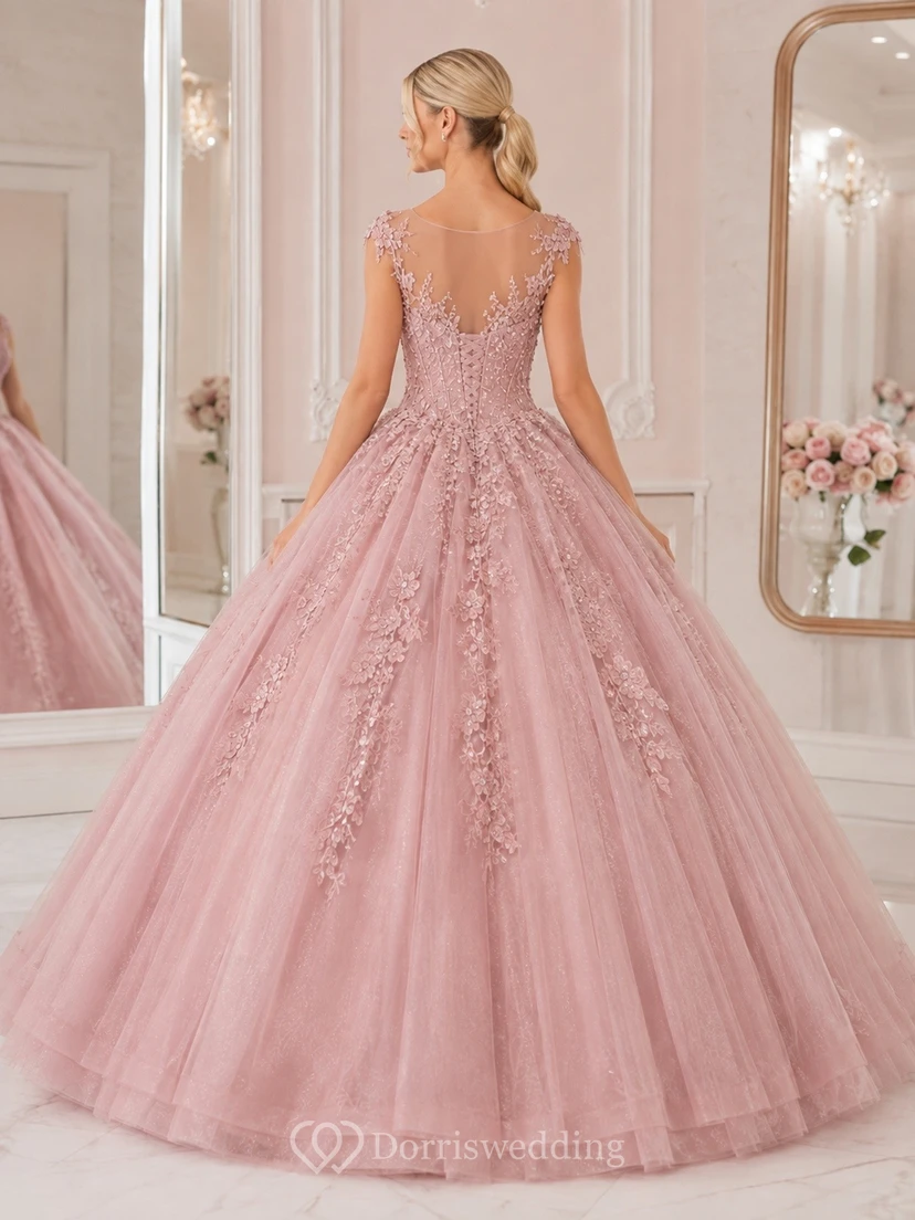 Vintage Mauve V-Neck Cap Sleeve Floral Tulle Ball Gown view 2