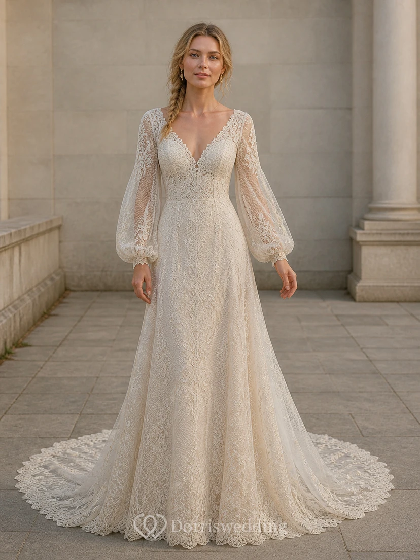 Vestido de novia bohemio de corte A con escote en V y mangas largas estilo poeta, con cola de capilla.