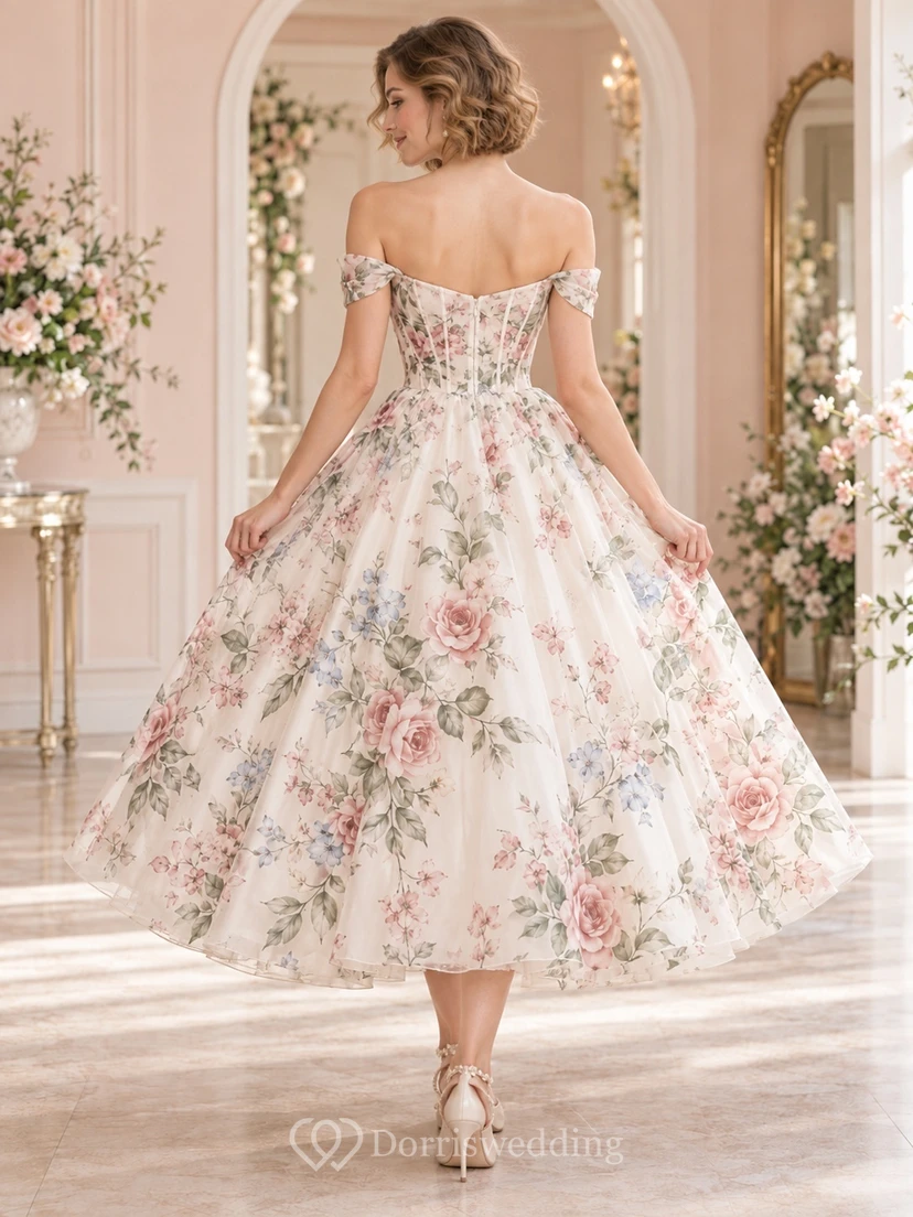 Tea-length Off Shoulder Floral Rose Print Satin A-line Wedding Dress view 2