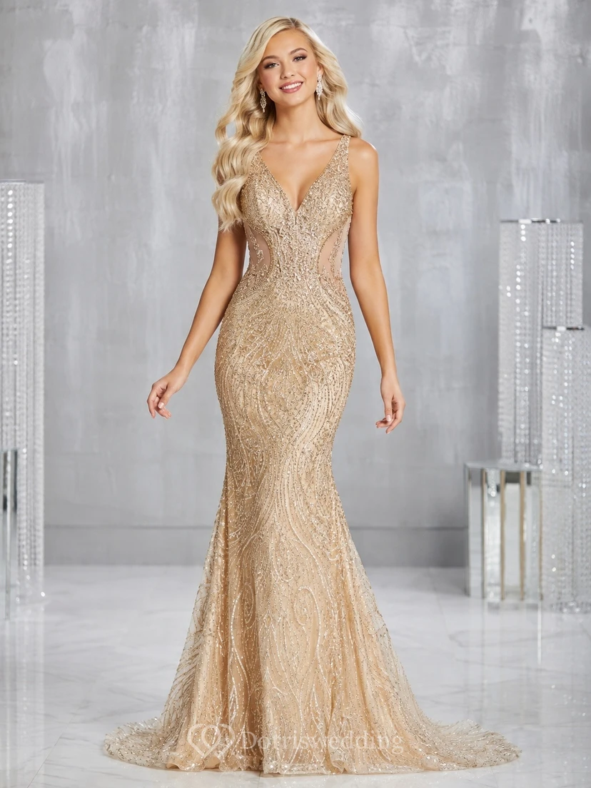 Mermaid Spaghetti V Neck Sequin Sweep Train Teen Pageant Dress