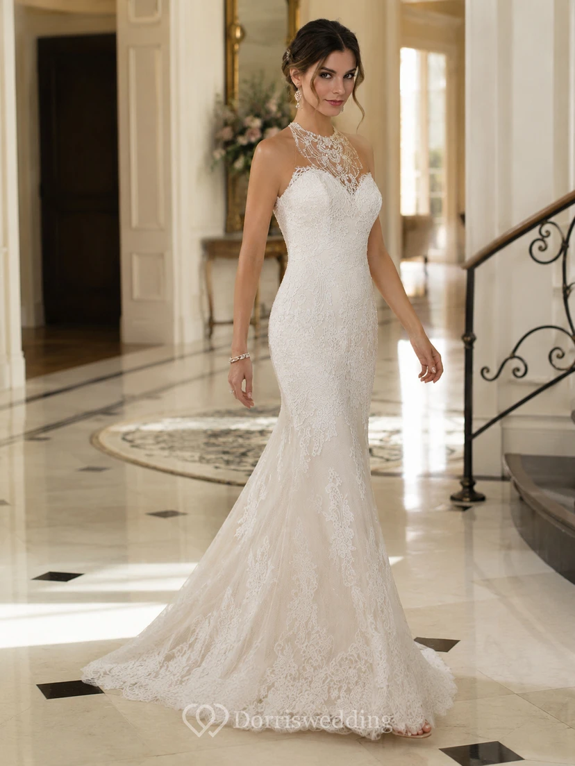 Vestido de novia de sirena sin mangas con cuello alto, escote ilusión y apliques. view 5