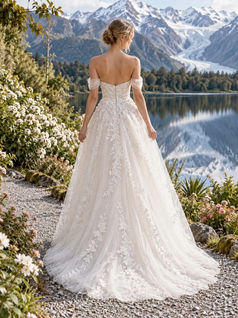 Simple Strapless Sweetheart Floral Lace A-Line Sweep Train Wedding Dress view 2