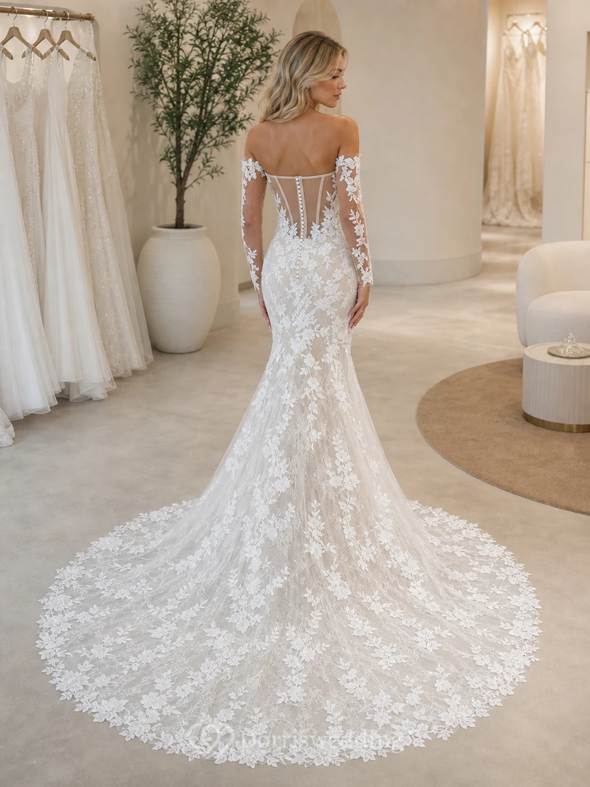 Vestido de novia elegante de encaje estilo sirena con mangas largas, escote de hombros descubiertos y efecto ilusión. view 2