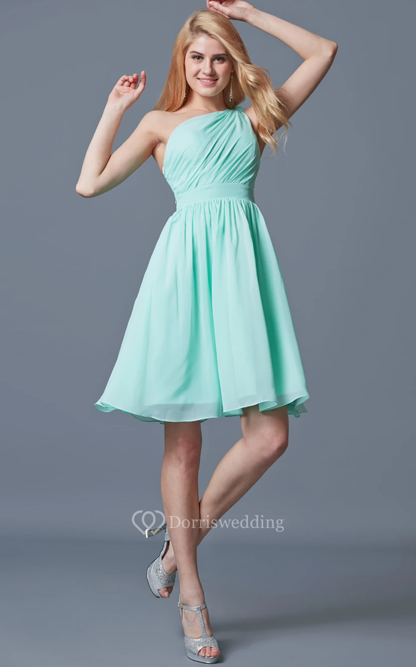 Sassy One Shoulder Pleated Short Chiffon Dress With Bow view 3