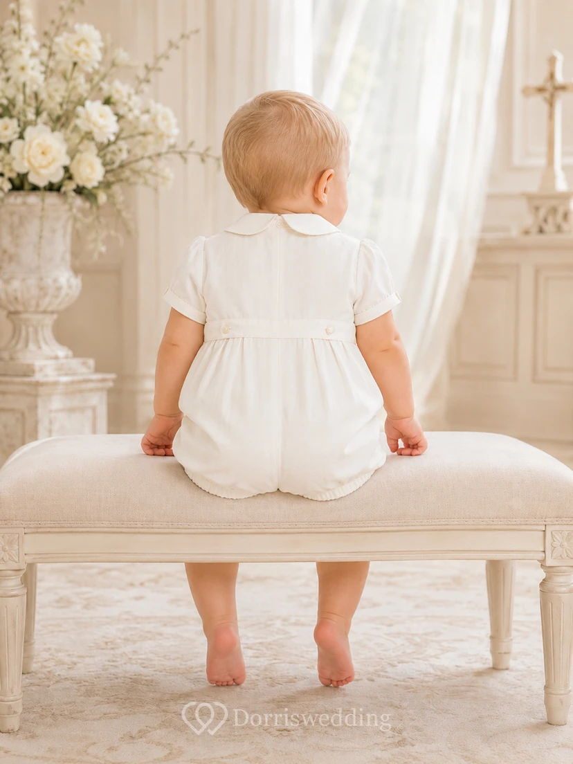 White Cross Embroidered Long Sleeve Christening Bubble Romper for Baby Boy view 2