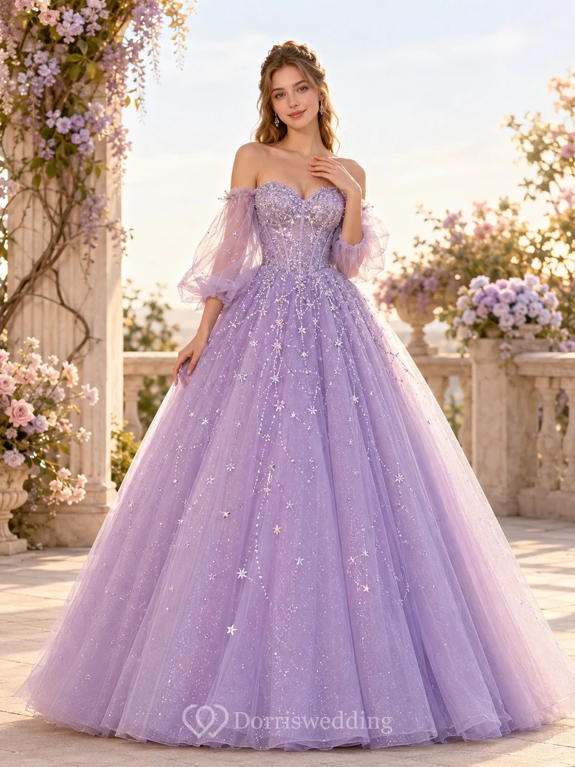 Lavender Tulle Off-the-shoulder Long Sleeve Sequin Ball Gown