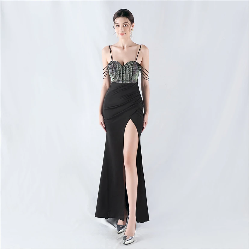Hot Diamond Beaded High-Slit Satin Sexy Sling Evening Dress video preview