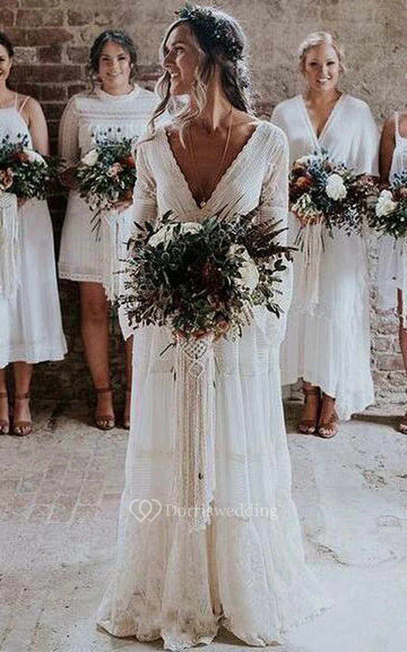 Boho Long Sleeve A-line Wedding Dress | Lace Country Casual Bridal Gown view 2