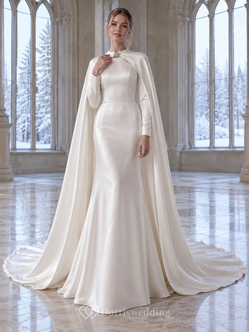 Vestido de novia tipo capa de satén con cuello alto y mangas largas, estilo modesto.