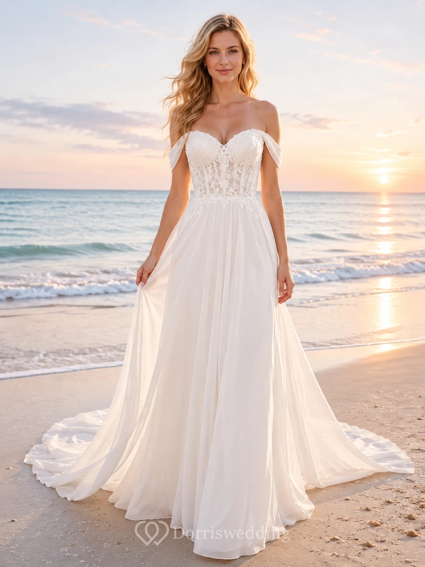 Off-Shoulder Lace Bodice Chiffon Seaside Wedding Bridal Gown